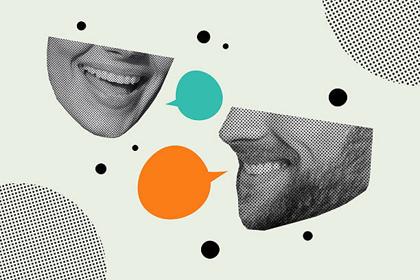 istockphoto-2214633730-612×612 Creative trend collage of female man heads talking mouth speech bubble communication weird freak bizarre unusual fantasy.